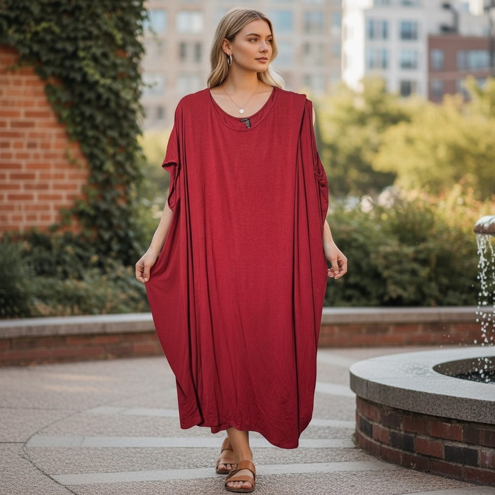 Eileen Fisher Red Asymmetrical Draped Maxi Dress Lagenlook Quiet Luxury Casual